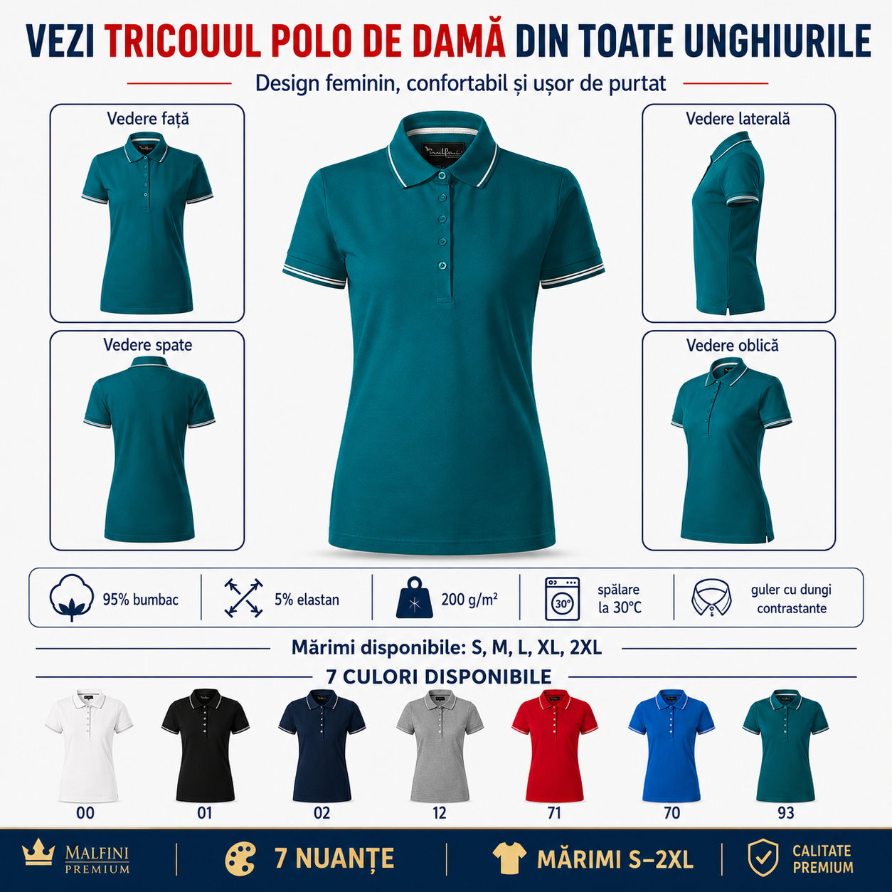 Tricou polo damă Malfini Premium vedere față spate lateral oblic croială slim fit